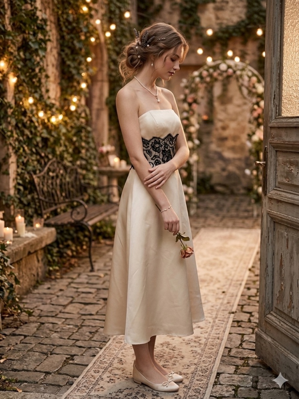 White House Black Market Strapless Satin Lace Dress Cream Black - Picture 2 of 9